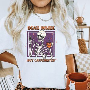 Dead Inside But Caffeinated T-shirt Funny Halloween Shirt Unisex Cotton Shirt